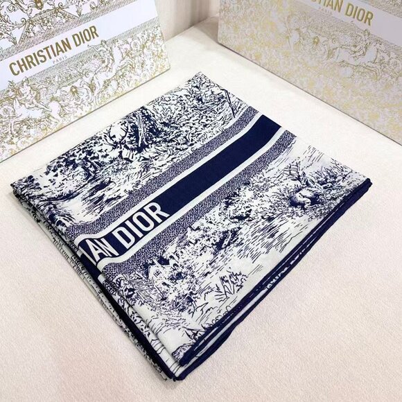 .Dior® Accessories - Dior Toile de Jouy 100% Silk Square Scarf Navy Blue Cream NWT With Box